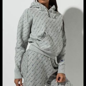 CHAMPION REVERSE WEAVE ALL OVER PRINT HOODIE GREY